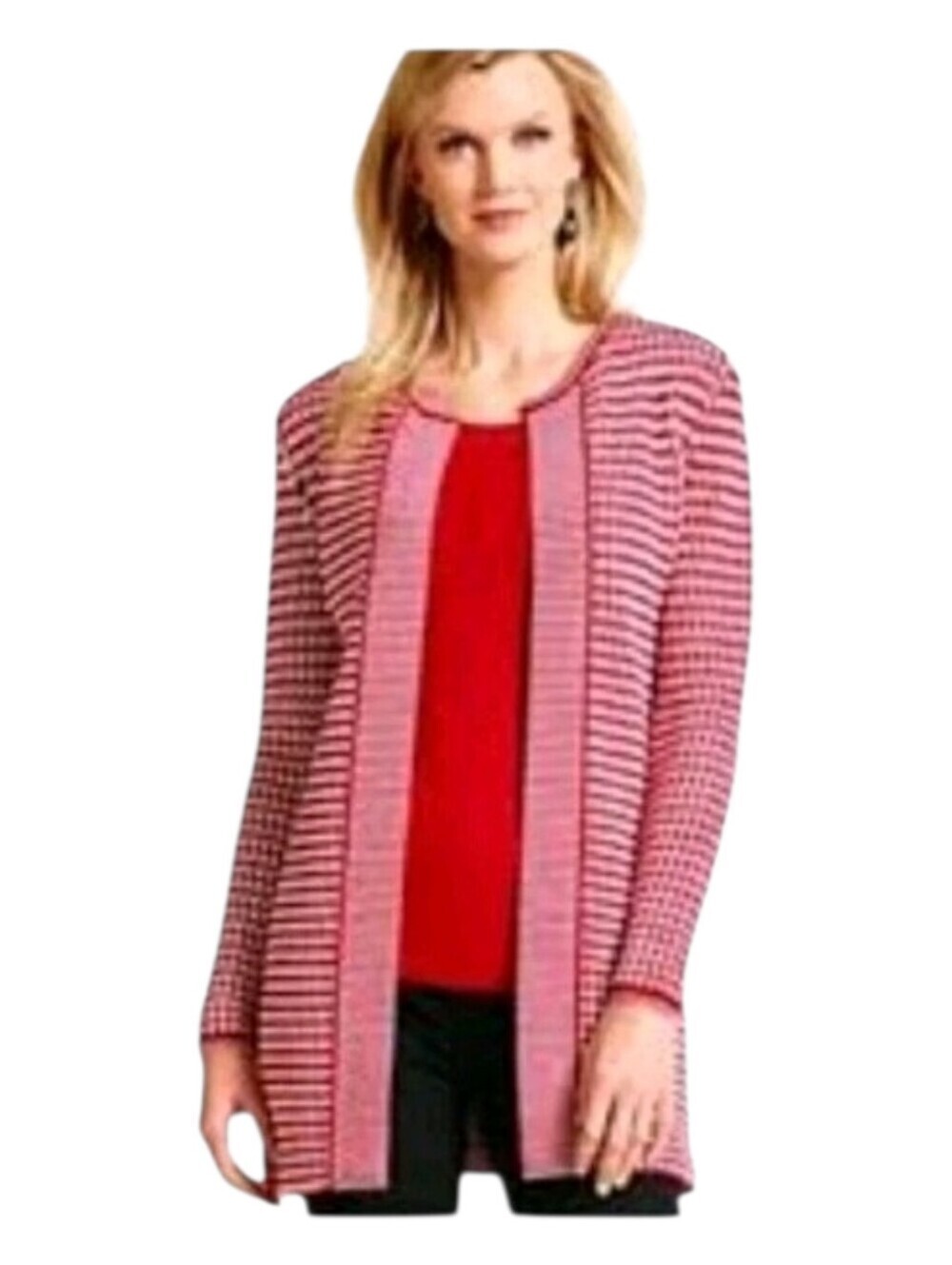 Talbots Womens Red Contrast Checker Knit Open Front Merino Wool Cardigan Medium